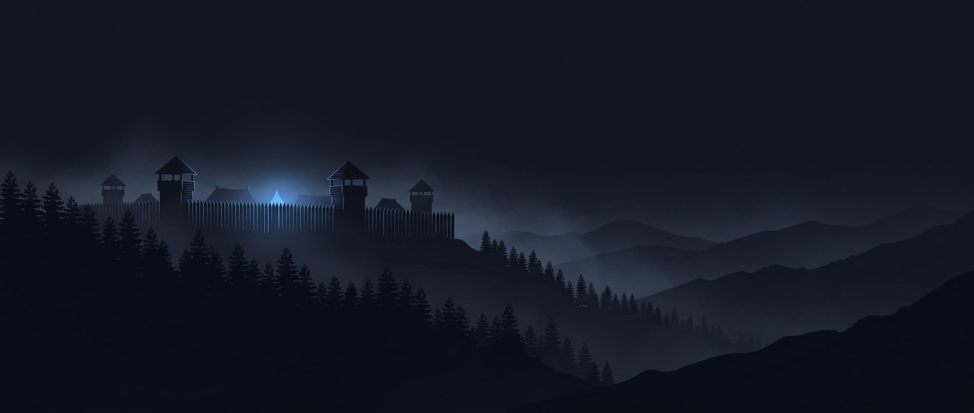 Dekoracyjna ilustracja: sylweta drewnianego grodu na grzbiecie gory noca